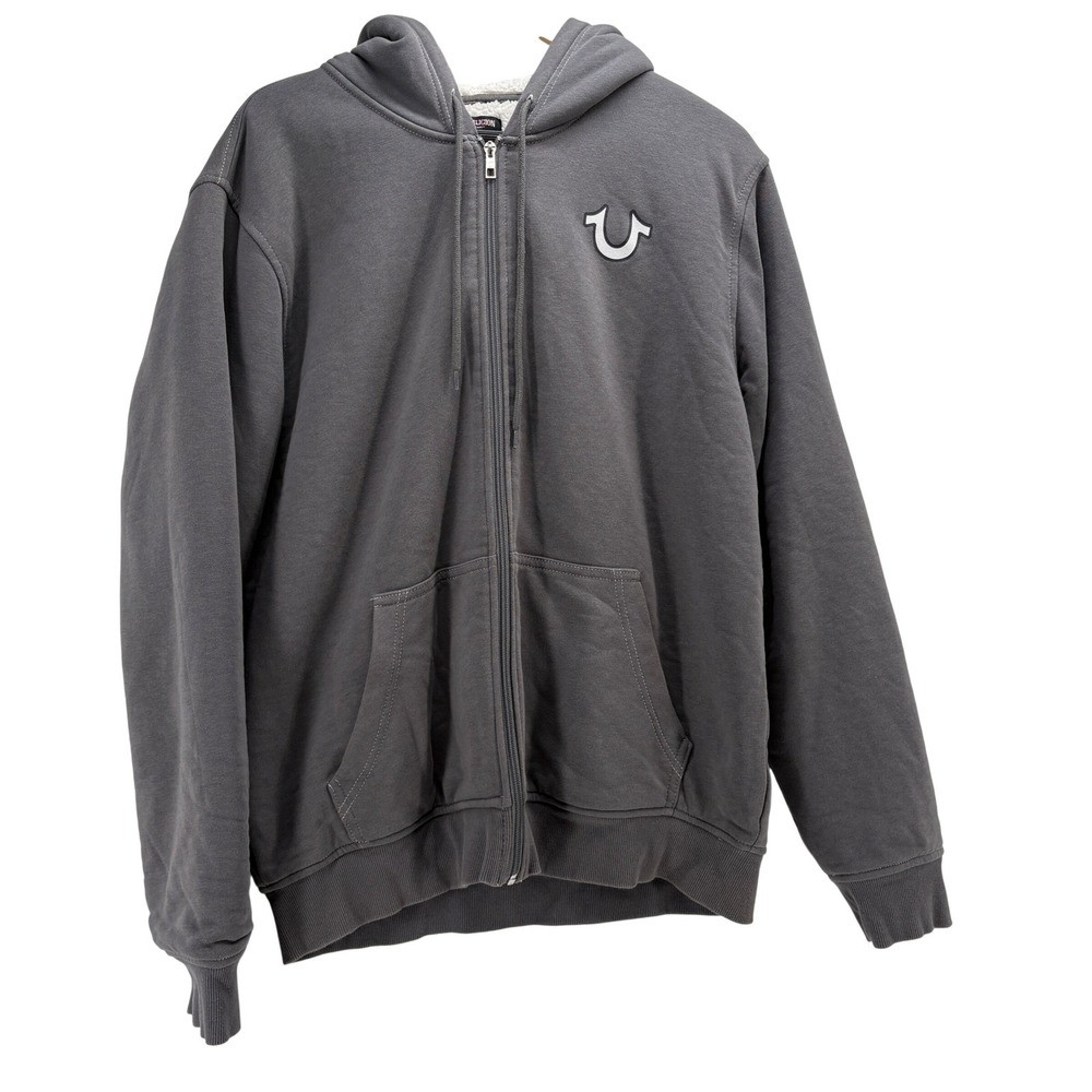 True Religion Mens Sherpa Lined‎ Zip Up Hoodie Gray Buddha Guitar Graphic Large
